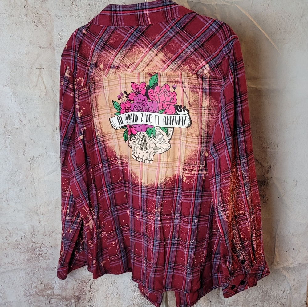 Upcycled Floral Skull Flannel Shirt